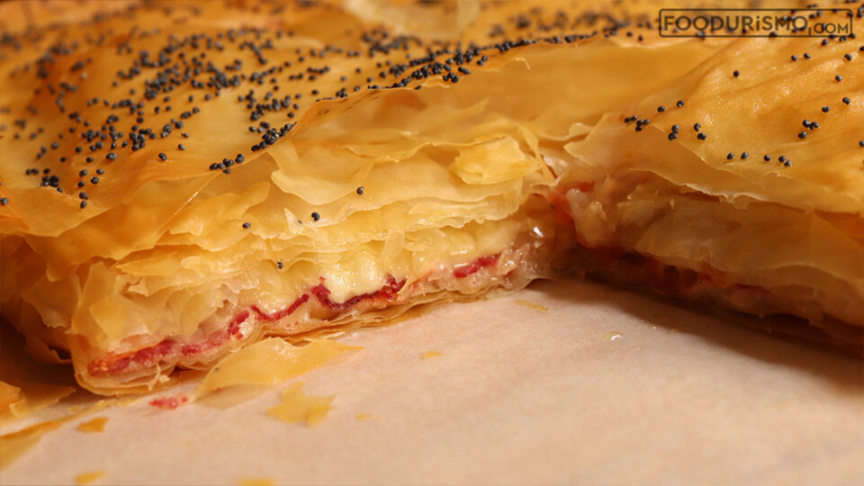 pastourmadopita in the baking pan