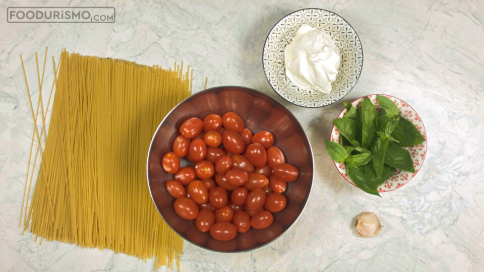 ingredients for Pasta with cheesy roasted tomato sauce