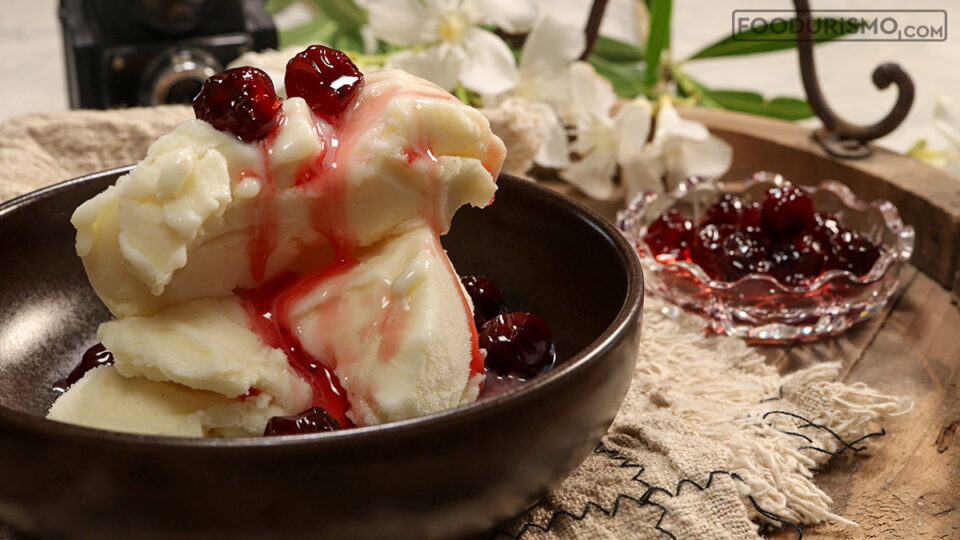 sour cherry spoon sweet on kaimaki ice cream