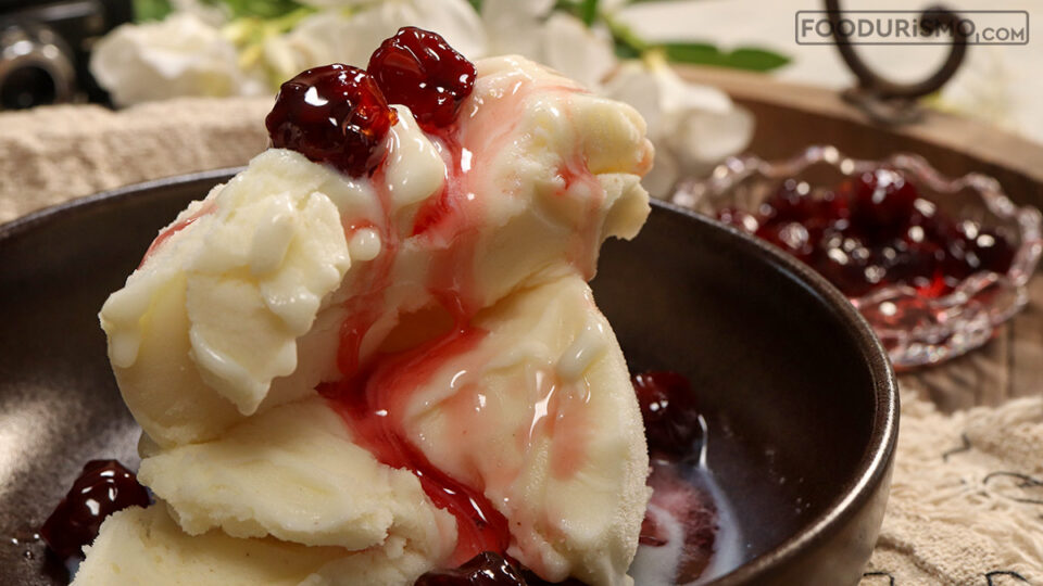 sour cherry spoon sweet on kaimaki ice cream